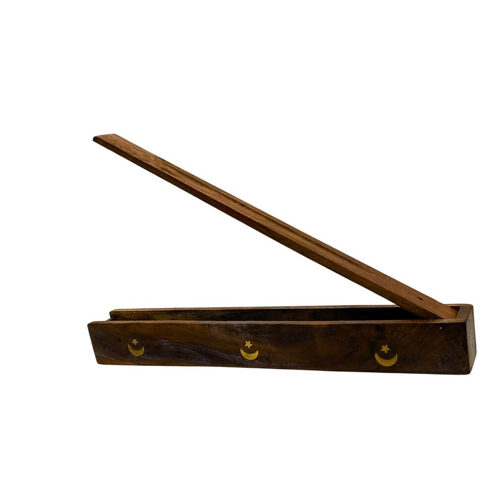 Hand Carved Wood Moon & Star Flip Top Incense Box for 11" Sticks